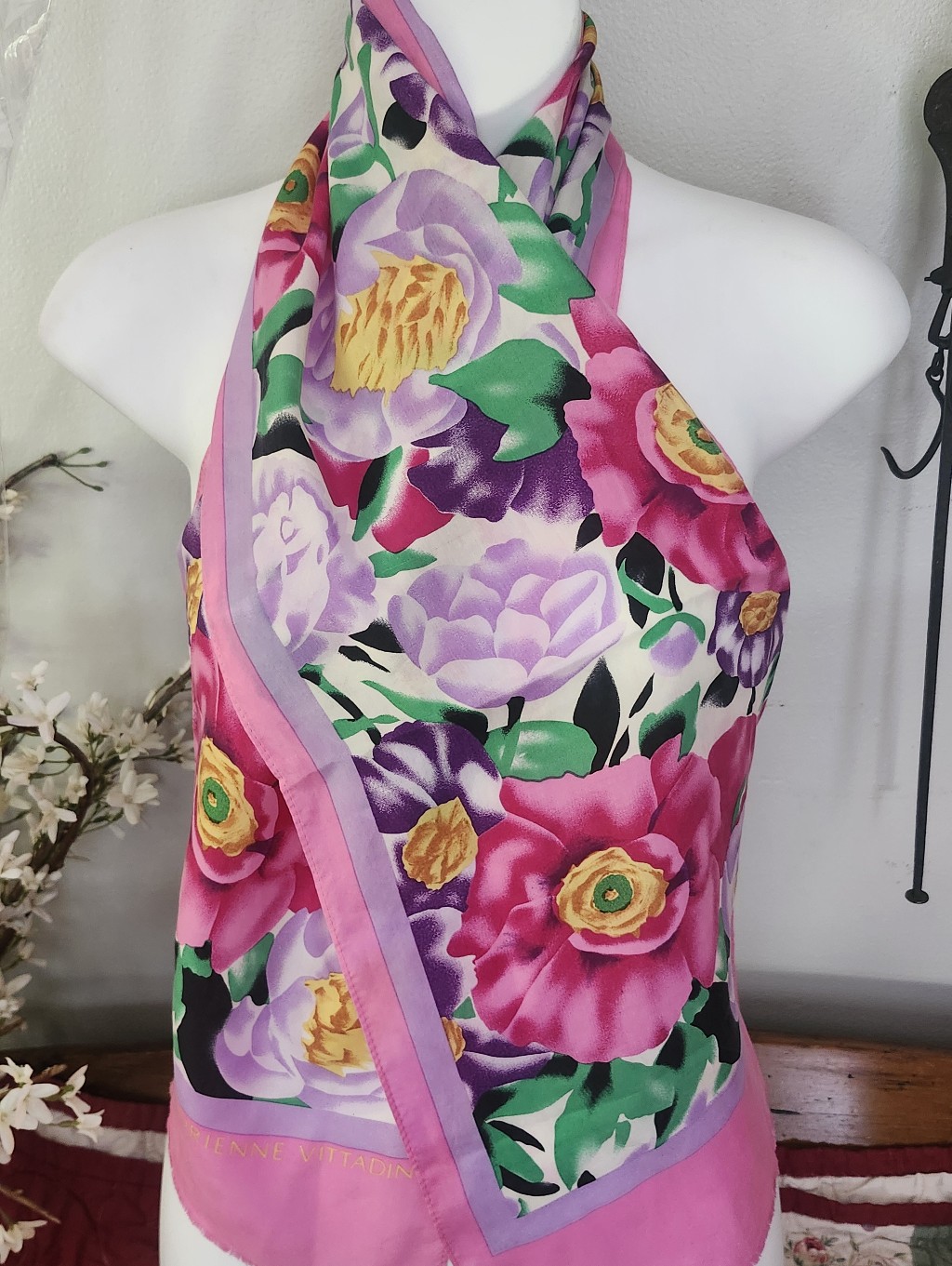 Adrienne Vittadini Pink Floral Silk Scarf With Green And Yellow Accents